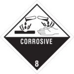 The MH-USA 4 x 4 - Corrosive - 8 Labels (500/Roll) features a black and white diamond-shaped sign with test tubes pouring liquid on a surface and a hand, marked CORROSIVE with the number 8 below, ensuring clear safety communication.