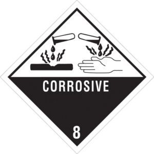 The MH-USA 4 x 4 - Corrosive - 8 Labels (500/Roll) features a black and white diamond-shaped sign with test tubes pouring liquid on a surface and a hand, marked CORROSIVE with the number 8 below, ensuring clear safety communication.
