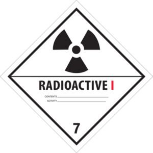The MH-USA 4 x 4 Radioactive I label is white and diamond-shaped, featuring a black radiation symbol at the top. It has fields for Contents and Activity, with the number 7 at the bottom. Sold as a roll of 500 labels.