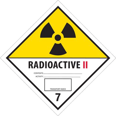 DL5242.jpg The MH-USA 4 x 4 Radioactive II labels, sold in rolls of 500, display a yellow and white diamond with a black radiation symbol. They include areas for contents and transport index details, plus a 7 at the bottom indicating Class 7 hazardous material.
