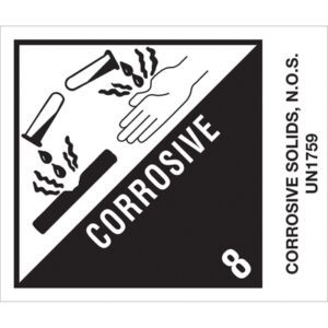 The black and white label shows test tubes pouring liquid onto a surface and hands, indicating corrosive materials. It reads CORROSIVE, Corrosive Solids, N.O.S., UN1759. Product: MH-USA 4 x 4 3/4 - Corrosive Solids, N.O.S. Labels (500/Roll), Number 8.