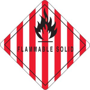 A diamond sign with red and white stripes, a black flame icon, and Flammable Solid text mirrors MH-USAs 4 x 4 - Flammable Solid Labels (500/Roll) design.