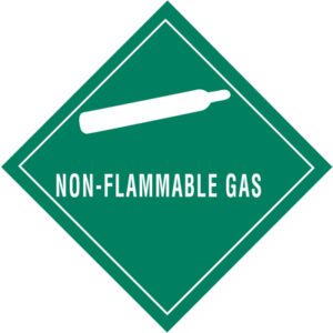 The MH-USA 4 x 4 Non-Flammable Gas labels feature a green diamond with a white gas cylinder icon and the words NON-FLAMMABLE GAS in white and come in rolls of 500, providing clear safety warnings for non-combustible gases.