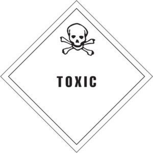 A diamond-shaped warning sign with a skull and crossbones and TOXIC below resembles the MH-USA 4 x 4 - Toxic Labels (500/Roll), featuring a clear black-and-white design for effective hazard communication.