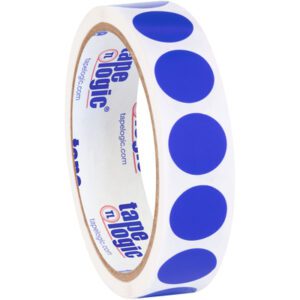 The roll has white tape with large blue dots and a Tape Logic-branded inner cardboard in blue and red, ideal for organization. It pairs perfectly with the MH-USA 3/4 Dark Blue Inventory Circle Labels (500/Roll) for a cohesive labeling system.