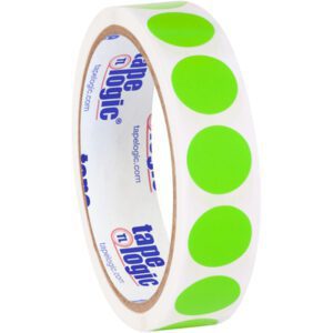 A roll of tape with white background and large fluorescent green stickers showcases the Tape Logic logo inside, similar to MH-USA 3/4 Fluorescent Green Inventory Circle Labels (500/Roll).