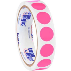 A roll of white adhesive tape with large fluorescent pink dots, akin to MH-USA 3/4 Fluorescent Pink Inventory Circle Labels (500/Roll), features the tape logic brand logo and website inside, merging style and functionality.