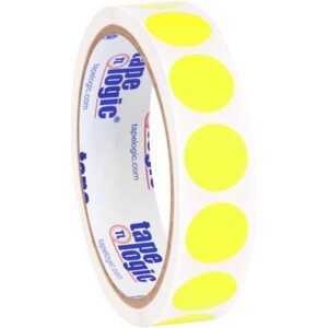 A roll of MH-USA 3/4 fluorescent yellow inventory circle labels, totaling 500 per roll, is featured on white tape branded Tape Logic, with blue and red text inside.