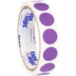 A roll of MH-USA 3/4 purple inventory circle labels, featuring 500 stickers, perfect for organized labeling. The inner cardboard core displays tape logic branding in blue and red text, ensuring reliability and quality.