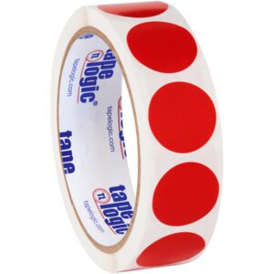 The roll of white tape, featuring large red dots and the brand tape logic on the inner tube, resembles MH-USA 1 Red Inventory Circle Labels (500/Roll) in its pattern and style.