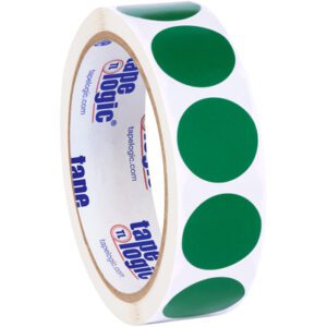 The MH-USA 1 Green Inventory Circle Labels (500/Roll) are arranged on a white backing sheet, with the brand Tape Logic displayed inside the roll in blue and red, symbolizing trusted quality.