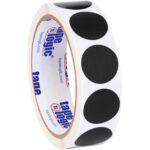 A roll of white adhesive tape holds 500 MH-USA 1 black inventory circle labels, featuring the Tape Logic brand in striking blue and red on the inner core.