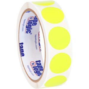 The MH-USA 1 Fluorescent Yellow Inventory Circle Labels (500/Roll) feature vibrant yellow stickers on a white backing, with blue and red text branding on the inner cardboard core, adding style to your organizational needs.