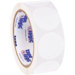 A roll of transparent tape with a white circular pattern is displayed, showcasing the Tape Logic brand and a website address. Pair it perfectly with MH-USA 1 1/2 White Inventory Circle Labels (500/Roll) for optimal organization.