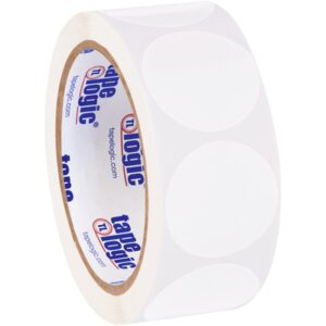 A roll of transparent tape with a white circular pattern is displayed, showcasing the Tape Logic brand and a website address. Pair it perfectly with MH-USA 1 1/2 White Inventory Circle Labels (500/Roll) for optimal organization.