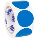 Roll of Tape Logic stickers featuring MH-USA 2 Light Blue Inventory Circle Labels (500/Roll), displaying large blue circles on a white background for easy organization.