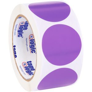 The MH-USA 2 Purple Inventory Circle Labels (500/Roll) feature vibrant purple dots on white tape, with adhesive backing and blue/red branding on the inner tube.