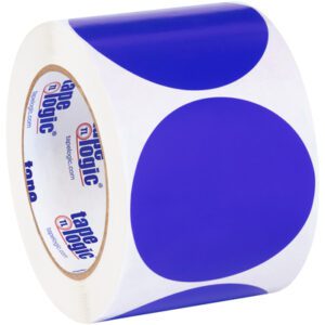 The MH-USA 3 Dark Blue Inventory Circle Labels (500/Roll) feature vivid blue dots on a white background. The inner side of the roll displays the tape logic brand.