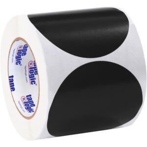A roll of MH-USA 4 Black Inventory Circle Labels (500/Roll) features a white backing with the Tape Logic brand, visible logo and text along the strip, and is neatly wound with a glossy finish.