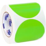 A roll of MH-USA 4 Fluorescent Green Inventory Circle Labels (500/Roll) partly unwound shows vibrant lime green circles against a white backing.