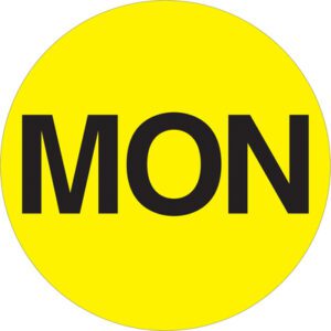 The MH-USA 1 Circle Days of the Week Labels, featuring a vibrant fluorescent yellow circle with bold black letters MON for Monday, come in rolls of 500.
