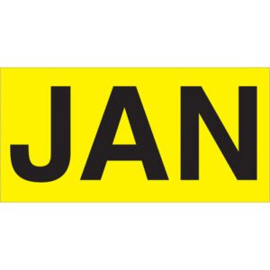 MH-USAs 3 x 6 JAN Months of the Year Labels in bold black text on fluorescent yellow background, available in rolls of 500 labels.