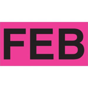 The image shows bold black FEB letters on a bright pink rectangle, similar to MH-USA 3 x 6 - FEB (Fluorescent Pink) Months of the Year Labels. Each roll includes 500 labels.