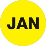 At the center is a fluorescent yellow circle with JAN in bold black font, like the MH-USA 1 Circle Labels - JAN (Fluorescent Yellow) Months of the Year (500/Roll).