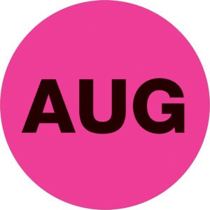 The MH-USA 1 Circle - AUG labels are fluorescent pink with bold black letters, ideal for monthly organization. Each roll contains 500 labels to help you stay organized.