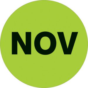 The MH-USA 1 circle labels in fluorescent green with bold black NOV mark November. Each roll has 500 labels for organizing months.