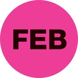 The MH-USA 2 circle label with FEB features a fluorescent pink design and is ideal for monthly organization. Available as a roll of 500.