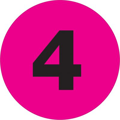 DL6754.jpg A bold black number four sits on a dazzling fluorescent pink circle, similar to MH-USA 1 Circle - 4 Number Labels (Fluorescent Pink, 500/Roll).
