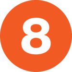 A white number 8 is centered on an orange circular background, resembling the MH-USA 1 Circle - 8 (Orange) Number Labels (500/Roll).