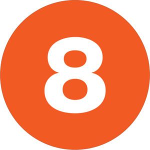 A white number 8 is centered on an orange circular background, resembling the MH-USA 1 Circle - 8 (Orange) Number Labels (500/Roll).