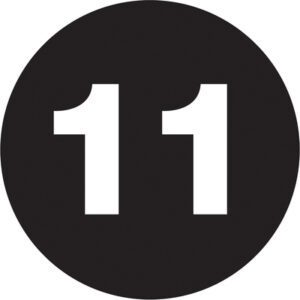 A large white number 11 is centered within a solid black circle on MH-USA 1 Circle - 11 (Black) Number Labels, packed in rolls of 500.