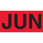 The MH-USA 3 x 6 Months of the Year Labels showcase JUN in vibrant fluorescent red on a rectangle, available in rolls of 500.
