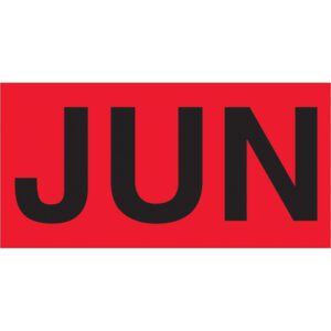 The MH-USA 3 x 6 Months of the Year Labels showcase JUN in vibrant fluorescent red on a rectangle, available in rolls of 500.
