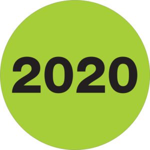 A vivid fluorescent green circle boldly displays 2020 in striking black, with MH-USA 2 Year Labels offering 500 per roll for ideal organization.