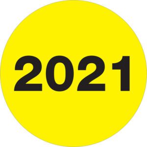 The MH-USA 3 Circle Year Labels feature 2021 in black on a fluorescent yellow background, with 500 labels per roll.