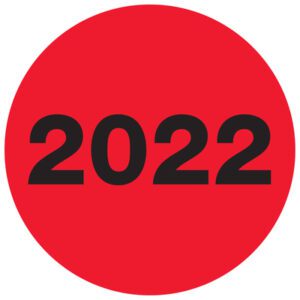 A bold black 2022 is centered on a plain red circle, similar to the striking design of MH-USA 2 Circle - 2022 (Fluorescent Red) Year Labels, available in rolls of 500.