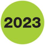 A fluorescent green circle with the bold black 2023 at its center, mimicking MH-USA 3 Circle - 2023 (Fluorescent Green) Year Labels.