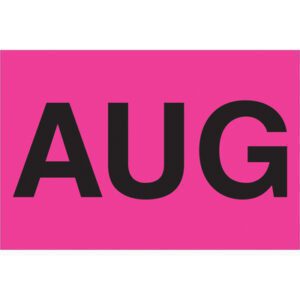 The MH-USA 2 x 3 AUG Months of the Year Labels feature bold black letters on fluorescent pink, perfect for colorful organization. Each roll contains 500 stickers.