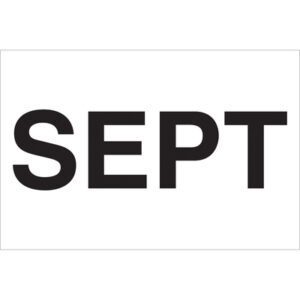 The image showcases SEPT in bold black on a white background, similar to the MH-USA 2 x 3 - SEPT (White) Months of the Year Labels, ideal for organizing with its roll of 500.