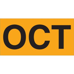 Orange rectangle featuring OCT in large black letters resembles the MH-USA 3 x 6 Fluorescent Orange Months of the Year Labels, ideal for precise organization (500 labels per roll).