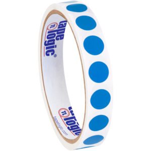 A roll of MH-USA 1/2 Light Blue Inventory Circle Labels (500/Roll) includes evenly spaced blue circles on a white adhesive backing.