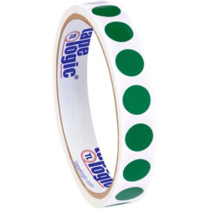 A roll of MH-USA 1/2 Green Inventory Circle Labels (500/Roll) showcases several round stickers on its partially unrolled surface. The inner core displays blue text and features the logo tape logic.