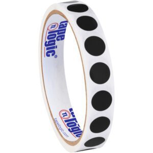 A tape roll adorned with uniformly spaced large black dots over a white backdrop mirrors the style of MH-USA 1/2 Black Inventory Circle Labels (500/Roll), featuring branding text in blue and red on the inner roll for a contrasting effect.