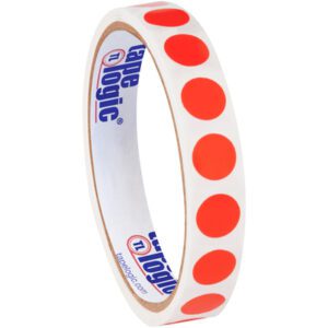 The MH-USA 1/2 fluorescent red inventory circle labels (500/roll) are neatly spaced on a roll of tape logic white tape, with bright red dots that stand out and the logo prominently displayed inside the roll.