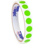 This roll of MH-USA 1/2 Fluorescent Green Inventory Circle Labels, with 500 bright green circular stickers per roll, features Tape Logic logos on the cardboard core for efficient organization.