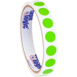 This roll of MH-USA 1/2 Fluorescent Green Inventory Circle Labels, with 500 bright green circular stickers per roll, features Tape Logic logos on the cardboard core for efficient organization.